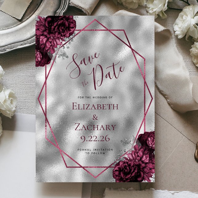 Burgundy Floral Silver Polygonal Save the Date Einladung (Von Creator hochgeladen)