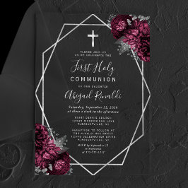 Burgundy Floral Silver Text Erste Heilige Kommune Acryleinladungen