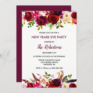 Burgundy Floral Silvester Party laden Einladung