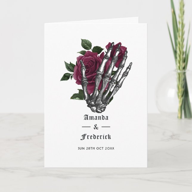 Burgundy Floral Skeleton Gothic Wedding Programm (Vorderseite)