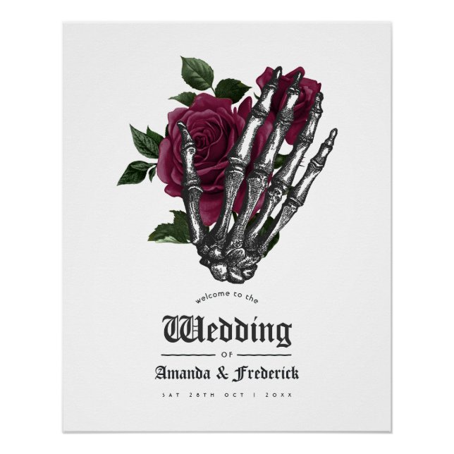 Burgundy Floral Skeleton Gothic Wedding Willkommen Poster (Vorderseite)