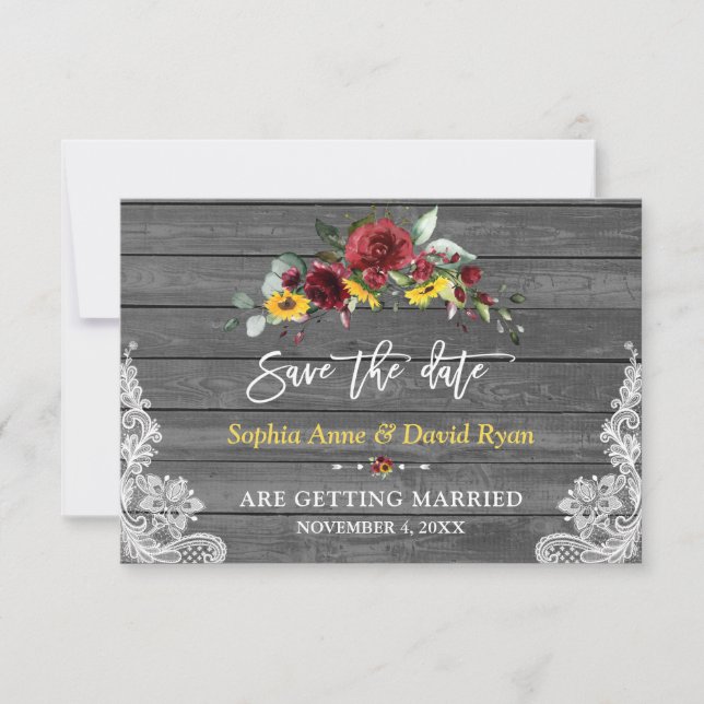 Burgundy Floral Sonnenblumen Grau Wood Lace Weddin Save The Date (Vorderseite)