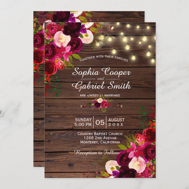 Burgundy Floral | String Lights Wood Wedding Einladung (Vorne/Hinten)
