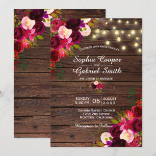 Burgundy Floral String Lights Wood Wedding Einladung