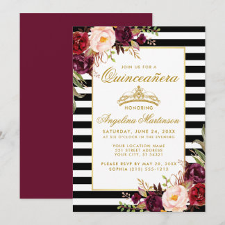 Burgundy Floral Stripes Quinceanera Goldkrone Einladung