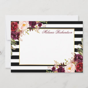 Burgundy Floral Striptes Elegant Mitteilungskarte