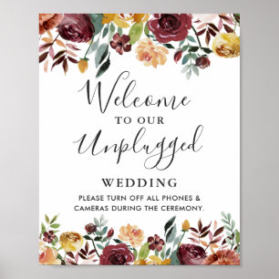 Burgundy Floral Unplugged Wedding Zeremony Sign Poster