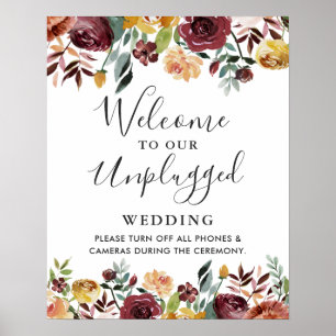 Burgundy Floral Unplugged Wedding Zeremony Sign Poster
