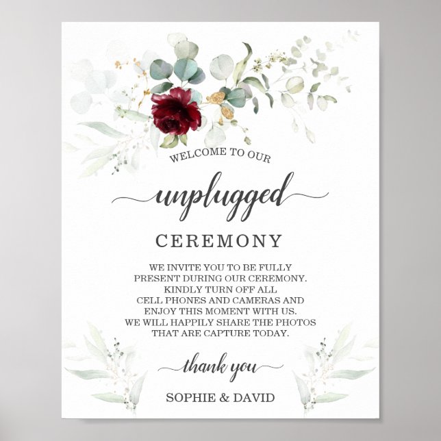 Burgundy Floral Unplugged Wedding Zeremony Sign Poster (Vorne)