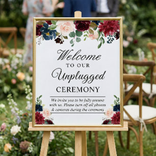 Burgundy Floral Unplugged Wedding Zeremony Sign Poster