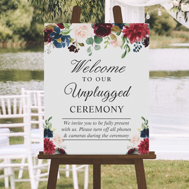 Burgundy Floral Unplugged Wedding Zeremony Sign Poster (Von Creator hochgeladen)