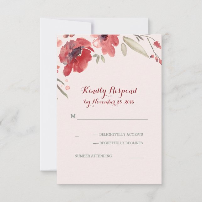 Burgundy Floral Water Wedding Rsvp Cards Karte (Vorderseite)