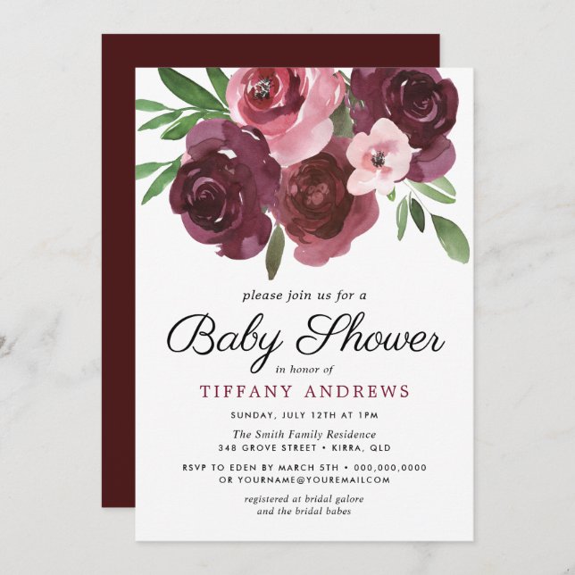 Burgundy Floral Watercolor Babydusche laden ein Einladung (Vorne/Hinten)