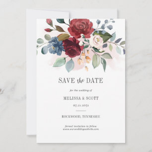 Burgundy Floral Watercolor Dusty Blue Rustic Save The Date