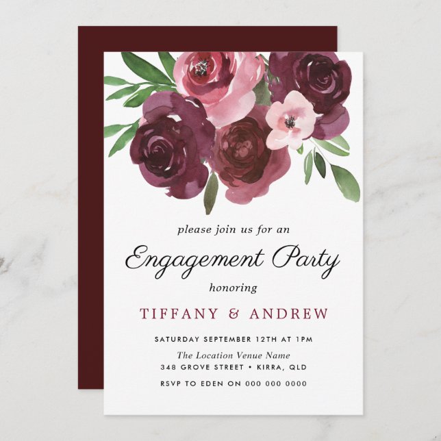 Burgundy Floral Watercolor Engagement Party einlad Einladung (Vorne/Hinten)