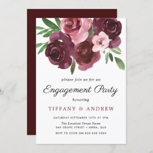 Burgundy Floral Watercolor Engagement Party einlad Einladung