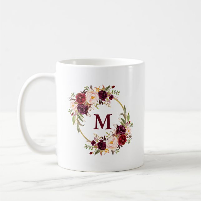 Burgundy Floral Watercolor Gold Circle Monogram B Kaffeetasse (Links)