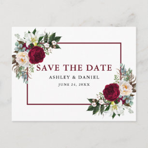 Burgundy Floral Watercolor Grüne Save the Date Ankündigungspostkarte