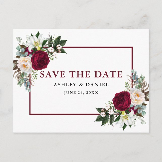 Burgundy Floral Watercolor Grüne Save the Date Ankündigungspostkarte (Vorderseite)
