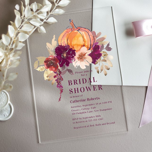 Burgundy Floral Watercolor Pumpkin Brautparty Acryleinladungen (Von Creator hochgeladen)