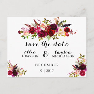 Burgundy Floral Watercolor Save the Date Ankündigungspostkarte