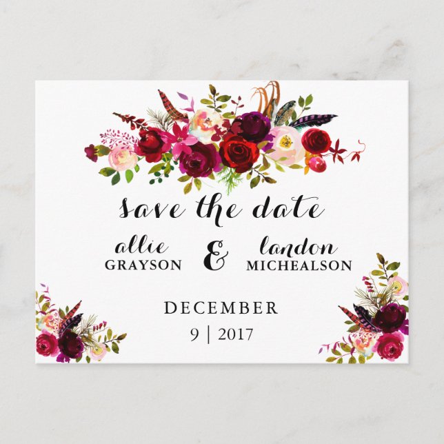 Burgundy Floral Watercolor Save the Date Ankündigungspostkarte (Vorderseite)