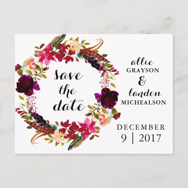 Burgundy Floral Watercolor Save the Date Ankündigungspostkarte (Vorderseite)