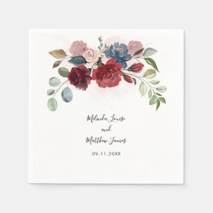 Burgundy Floral Watercolor Script Hochzeitszeitung Serviette