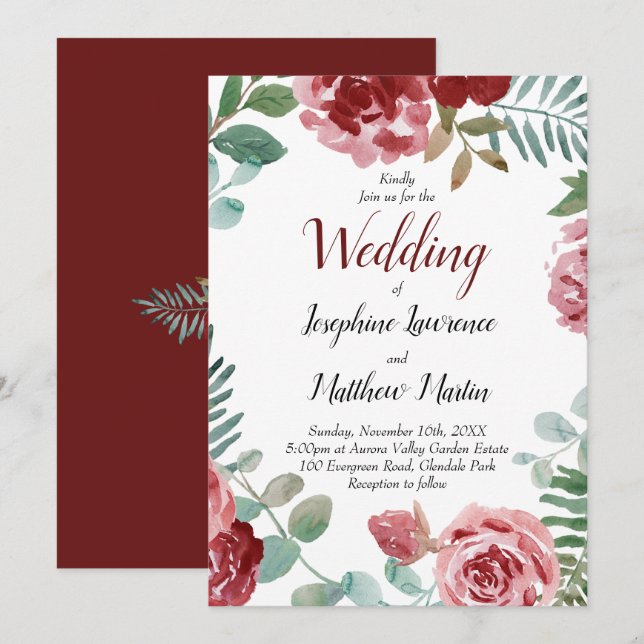 Burgundy Floral Watercolor Wedding Einladung (Vorne/Hinten)