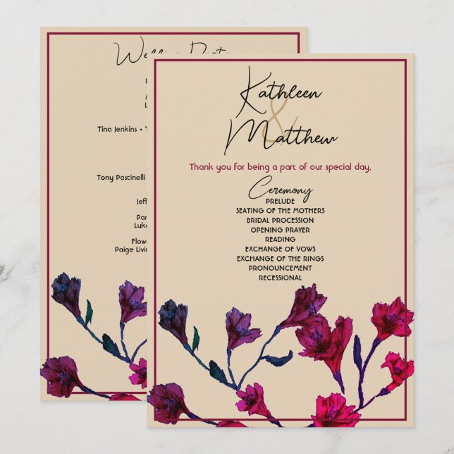 Burgundy Floral Watercolor Wedding Programm (Vorne/Hinten)