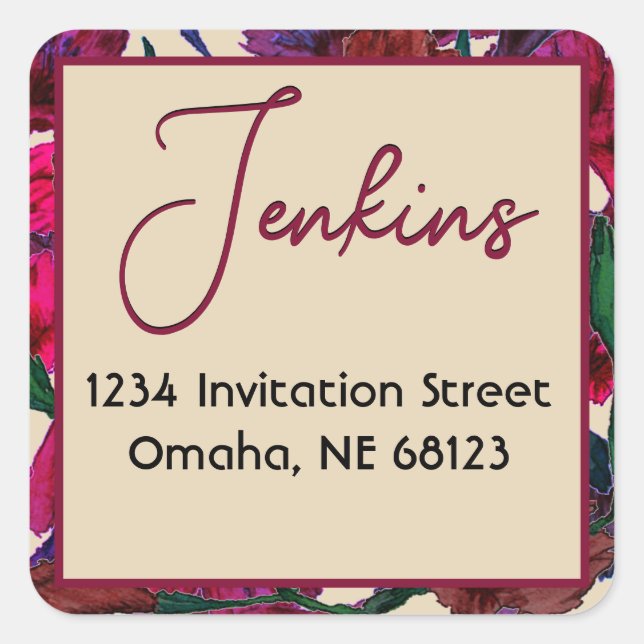 Burgundy Floral Watercolor Wedding Square Sticker (Vorderseite)