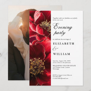 Burgundy Floral Wedding Abend Party Foto Einladung