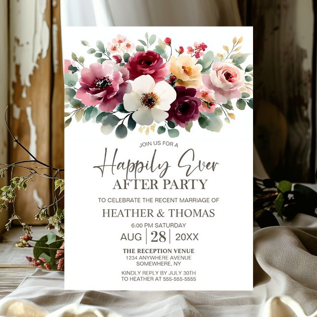 Burgundy Floral Wedding After Party Einladung (Von Creator hochgeladen)
