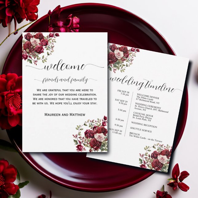 Burgundy Floral Wedding Bag Letter & Timeline Card Einladung (Von Creator hochgeladen)