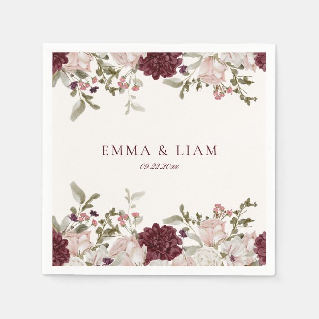 Burgundy Floral Wedding Cocktail Napkins Serviette (Vorderseite)