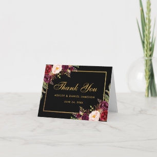 Burgundy Floral Wedding Dank Black Note Card Dankeskarte