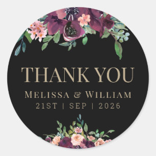 Burgundy Floral Wedding Danke Black Runder Aufkleber