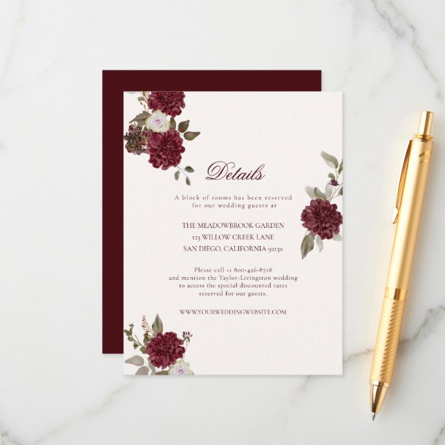 Burgundy Floral Wedding Details Card Begleitkarte (Vorderseite/Rückseite Beispiel)