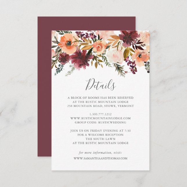 Burgundy Floral Wedding Details Card Einladung (Vorne/Hinten)