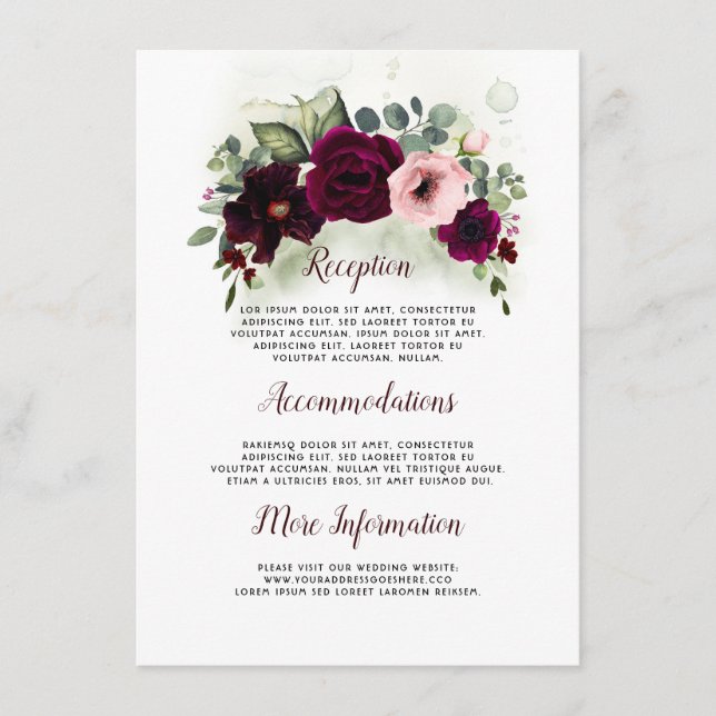 Burgundy Floral Wedding Details Gast Begleitkarte (Vorderseite)