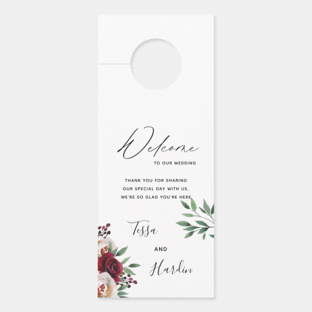 Burgundy Floral Wedding Door Hanger Türanhänger (Vorderseite)