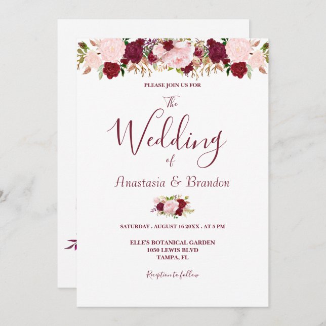 Burgundy Floral Wedding Einladung (Vorne/Hinten)