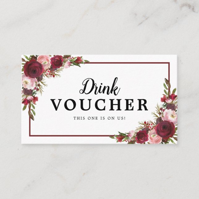 Burgundy Floral Wedding Free Drink Gutschein Visitenkarte (Vorderseite)