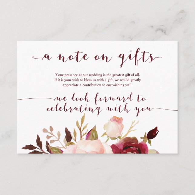 Burgundy Floral Wedding Gifts Card Begleitkarte (Vorderseite)
