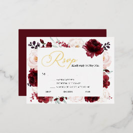 Burgundy Floral Wedding Gold Foil RSVP Card Folie Einladungspostkarte