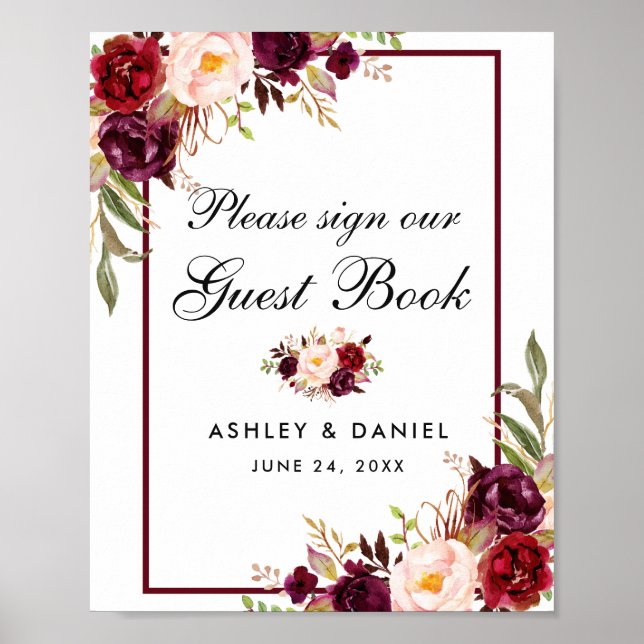 Burgundy Floral Wedding Guest Book Poster B (Vorne)