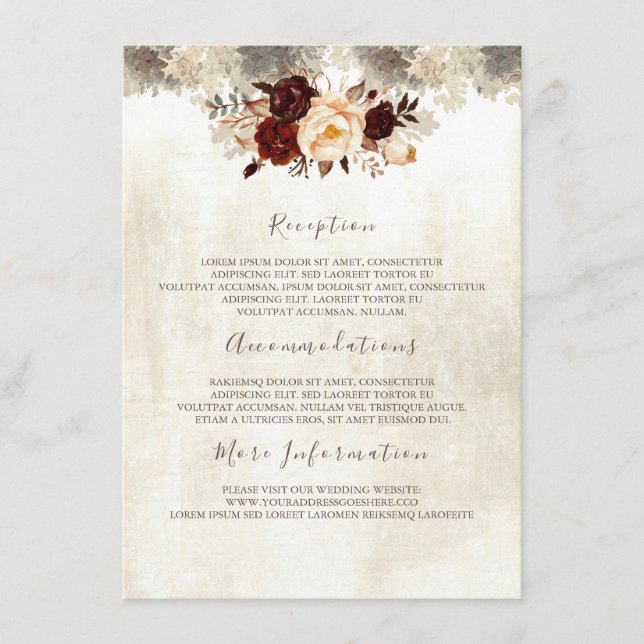 Burgundy Floral Wedding Information Guest Card Begleitkarte (Vorderseite)