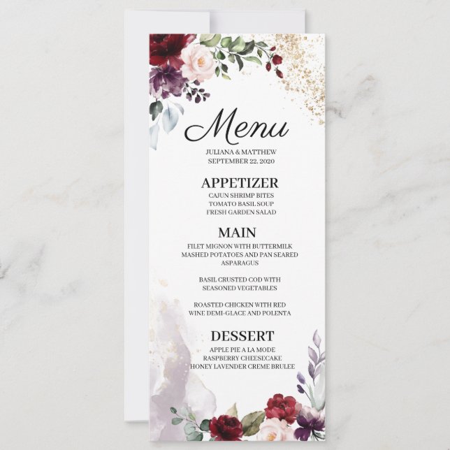 Burgundy Floral Wedding Menu Einladung (Vorderseite)