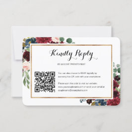 Burgundy Floral Wedding QR Code Foto RSVP Card Karte