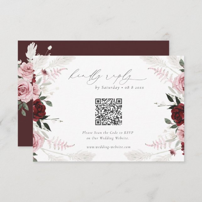 Burgundy Floral Wedding QR Code UAWG Begleitkarte (Vorne/Hinten)